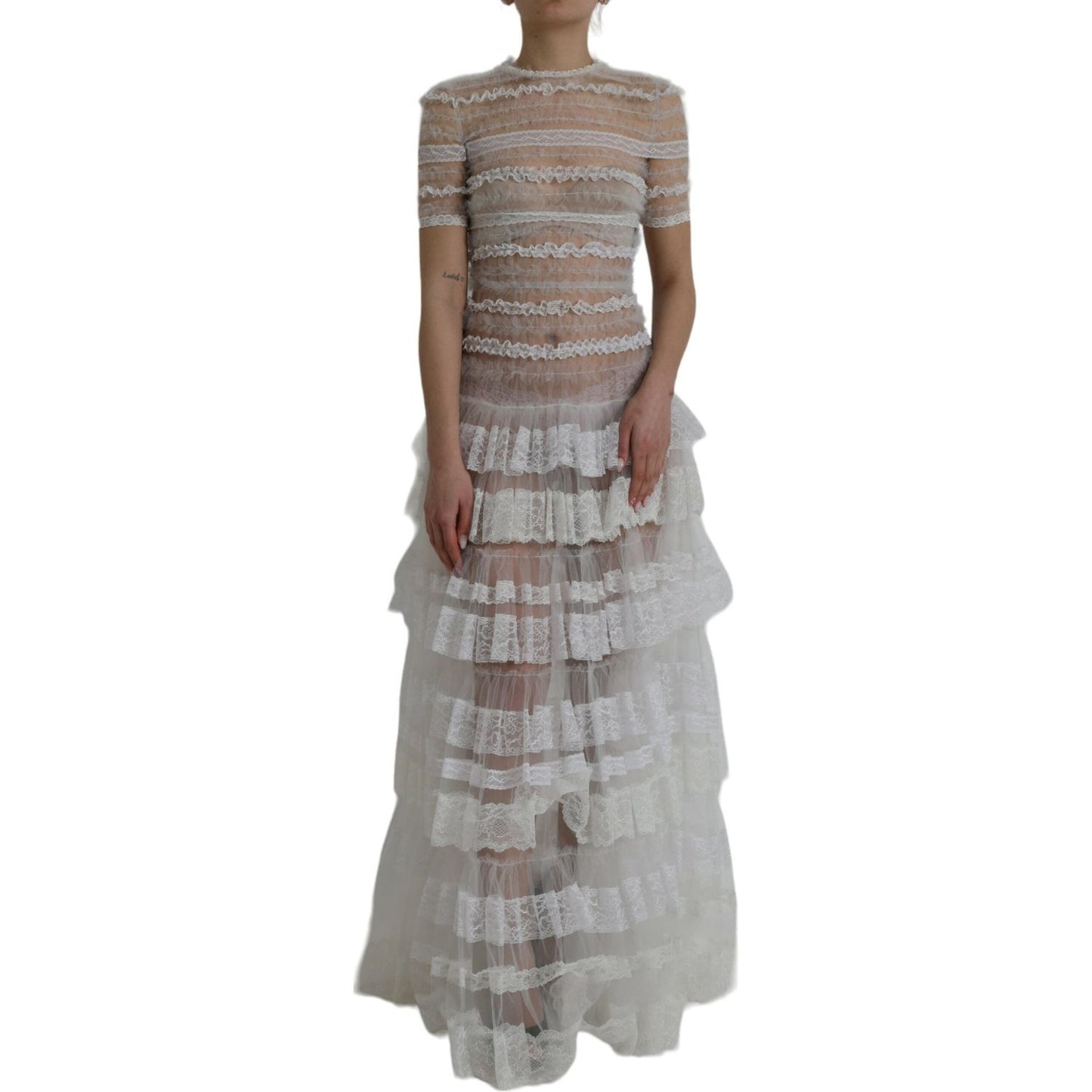 Dolce & Gabbana White Nylon Sheer Tiered Lace Maxi Dress Dolce & Gabbana Light Slate Gray