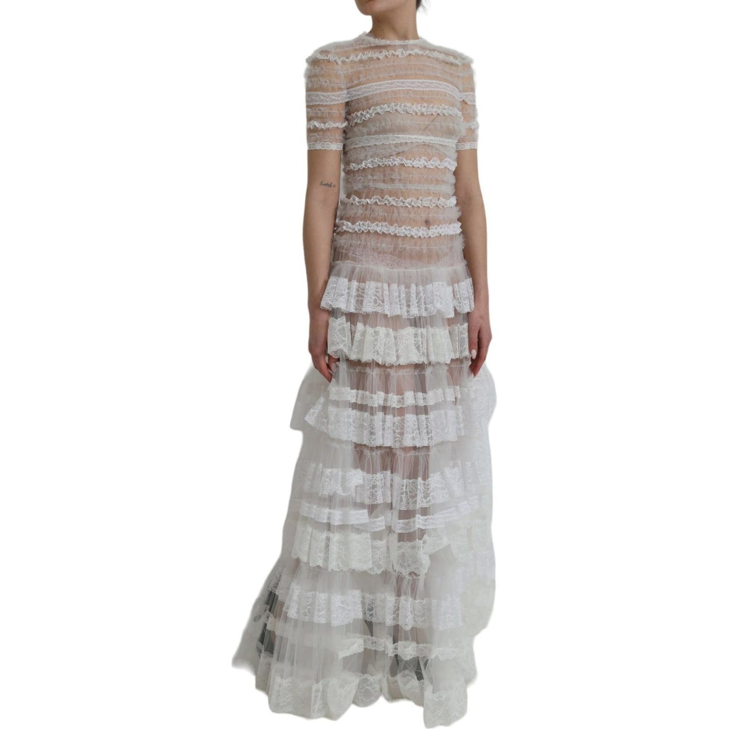 Dolce & Gabbana White Nylon Sheer Tiered Lace Maxi Dress Dolce & Gabbana Dark Gray