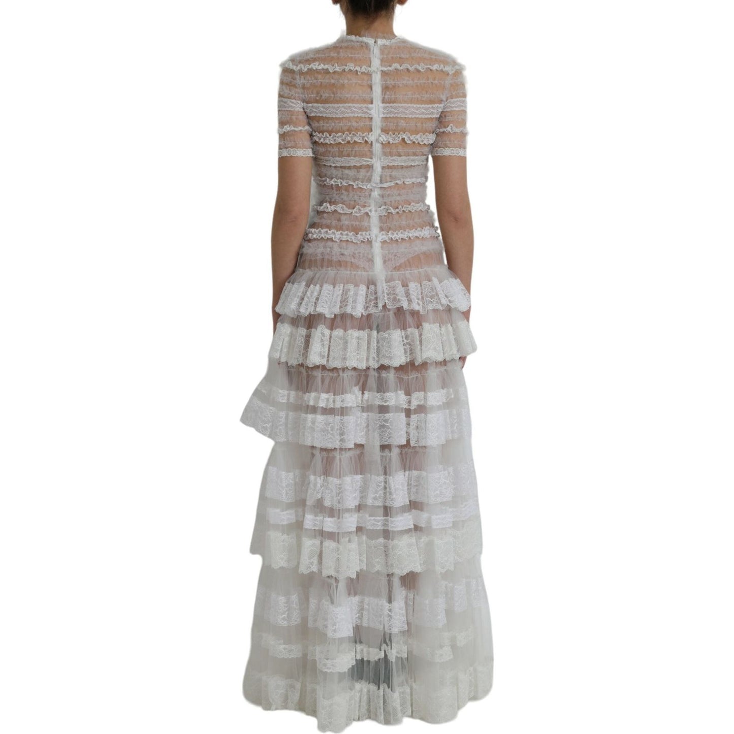 Dolce & Gabbana White Nylon Sheer Tiered Lace Maxi Dress Dolce & Gabbana Dark Gray