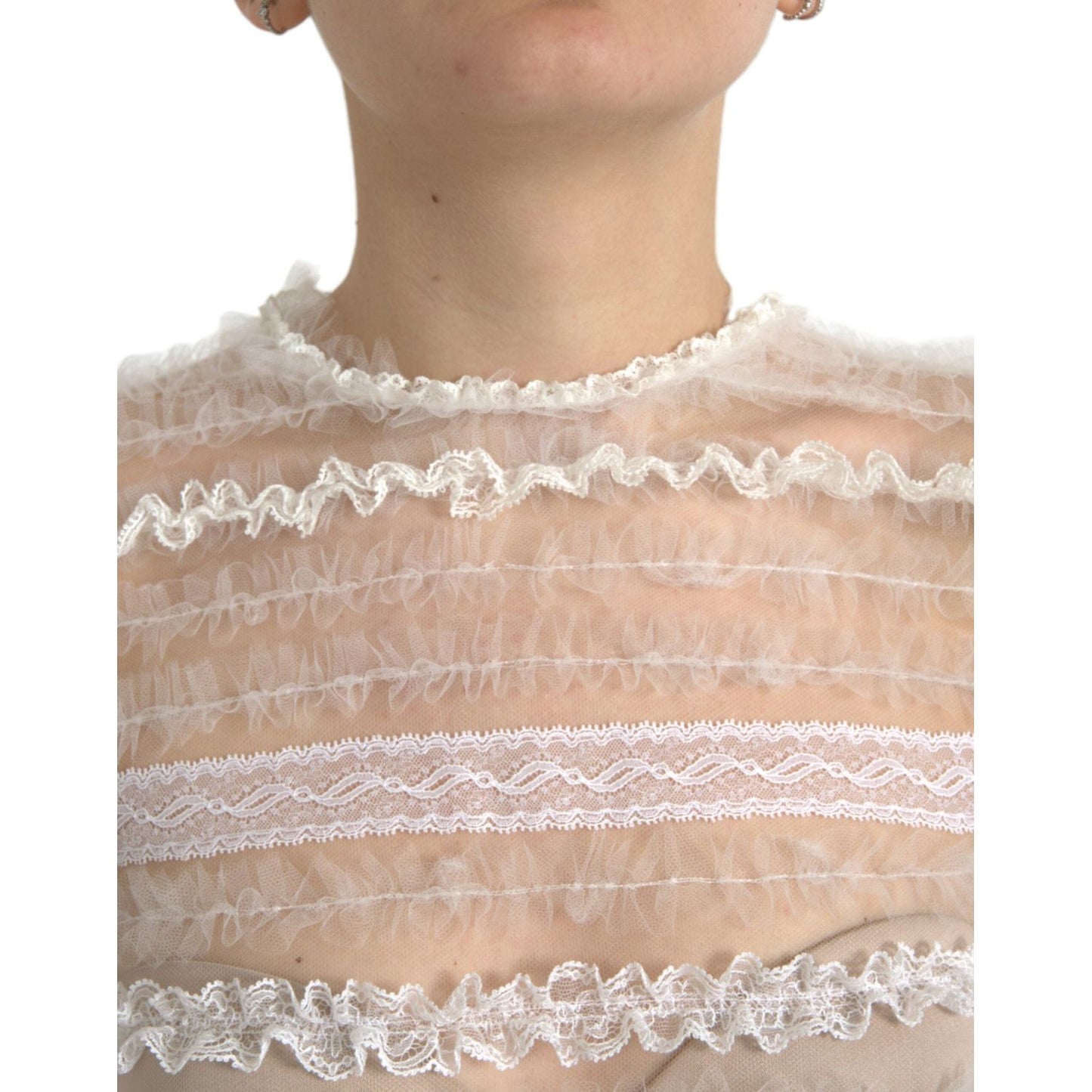 Dolce & Gabbana White Nylon Sheer Tiered Lace Maxi Dress Dolce & Gabbana Tan