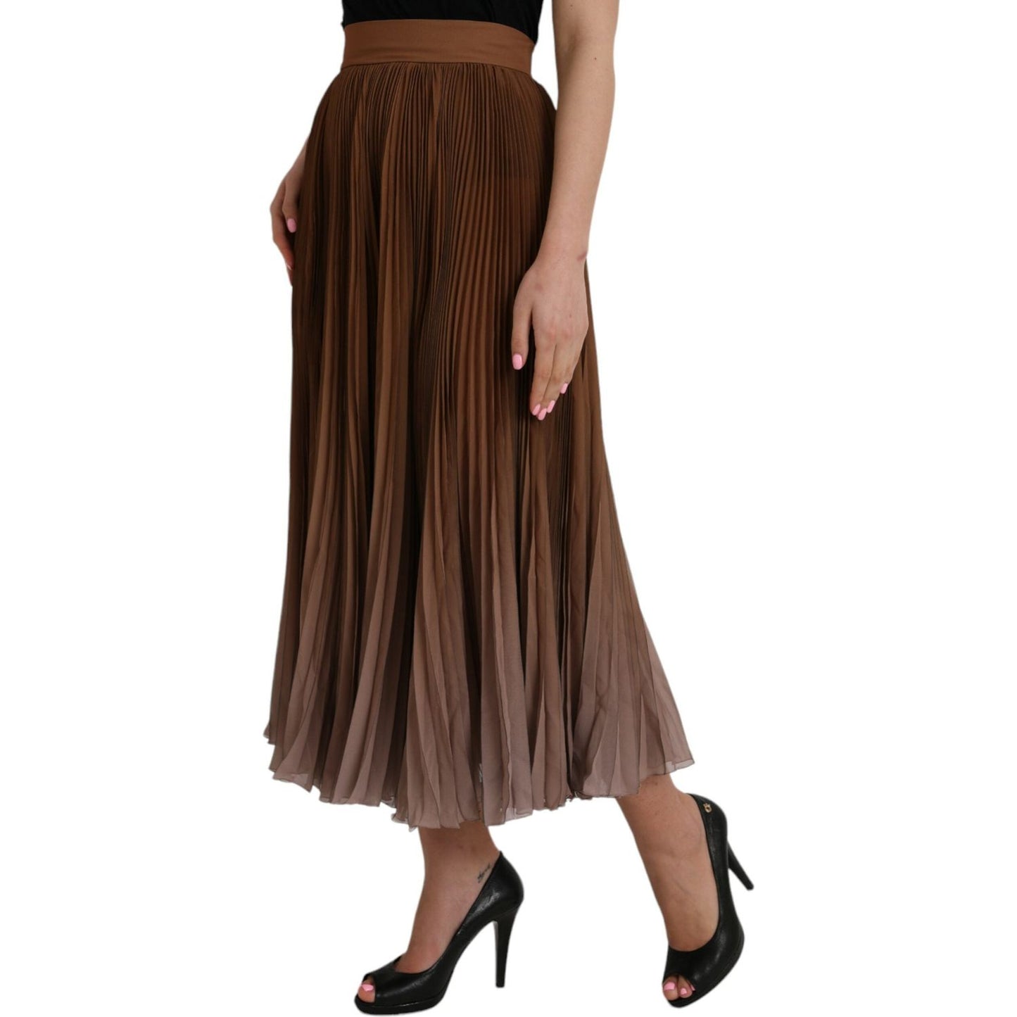Dolce & Gabbana Brown Polyester Pleated High Waist Midi Skirt Dolce & Gabbana Dark Slate Gray