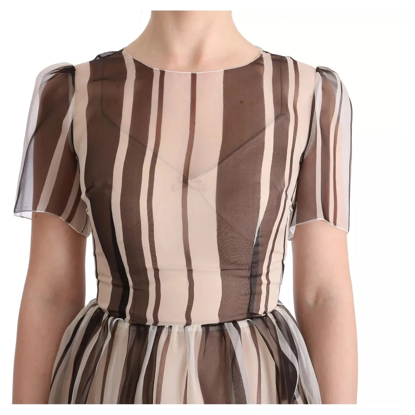 Dolce & Gabbana Beige Brown Striped Silk Sheath Dress Dolce & Gabbana Dim Gray