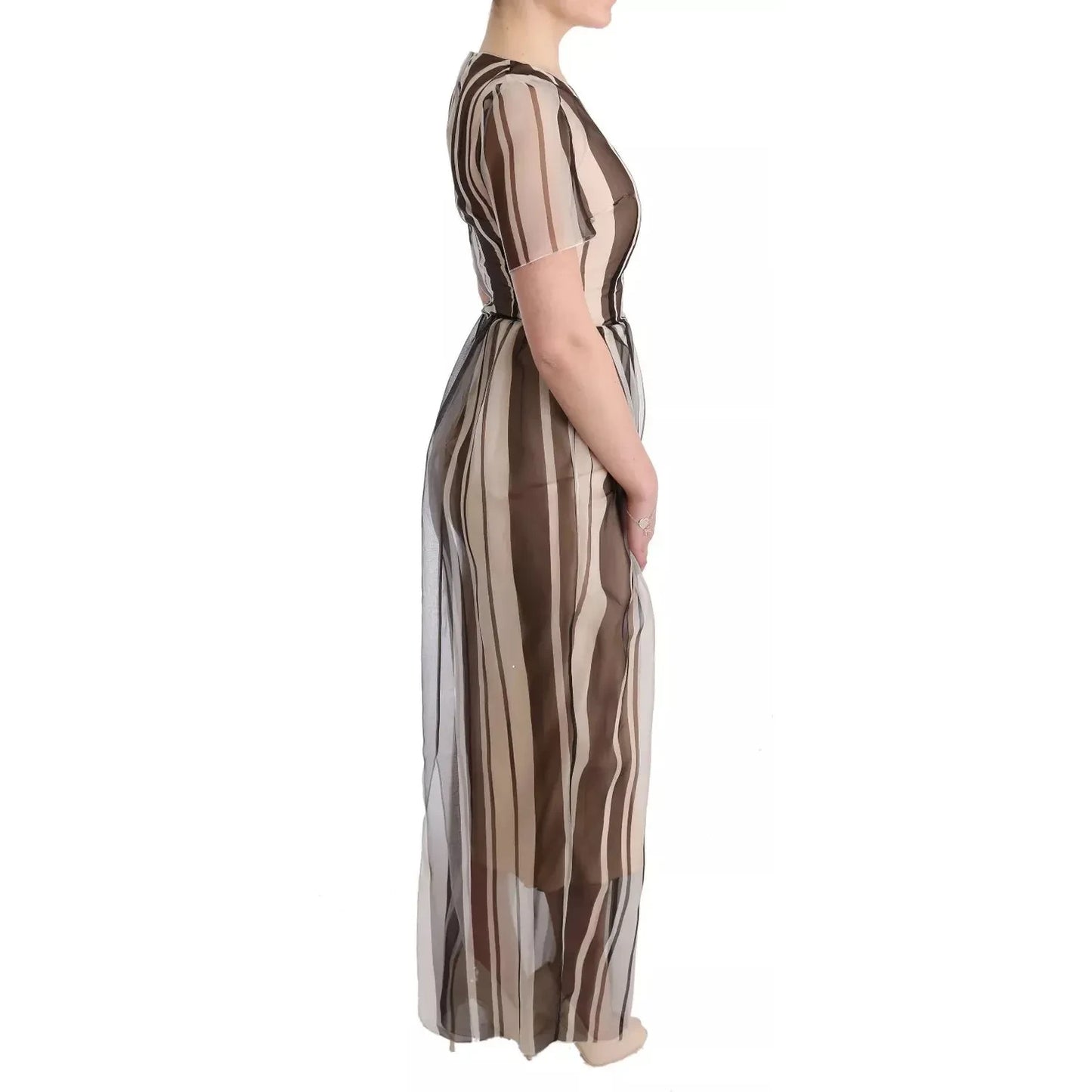 Dolce & Gabbana Beige Brown Striped Silk Sheath Dress Dolce & Gabbana Dark Gray