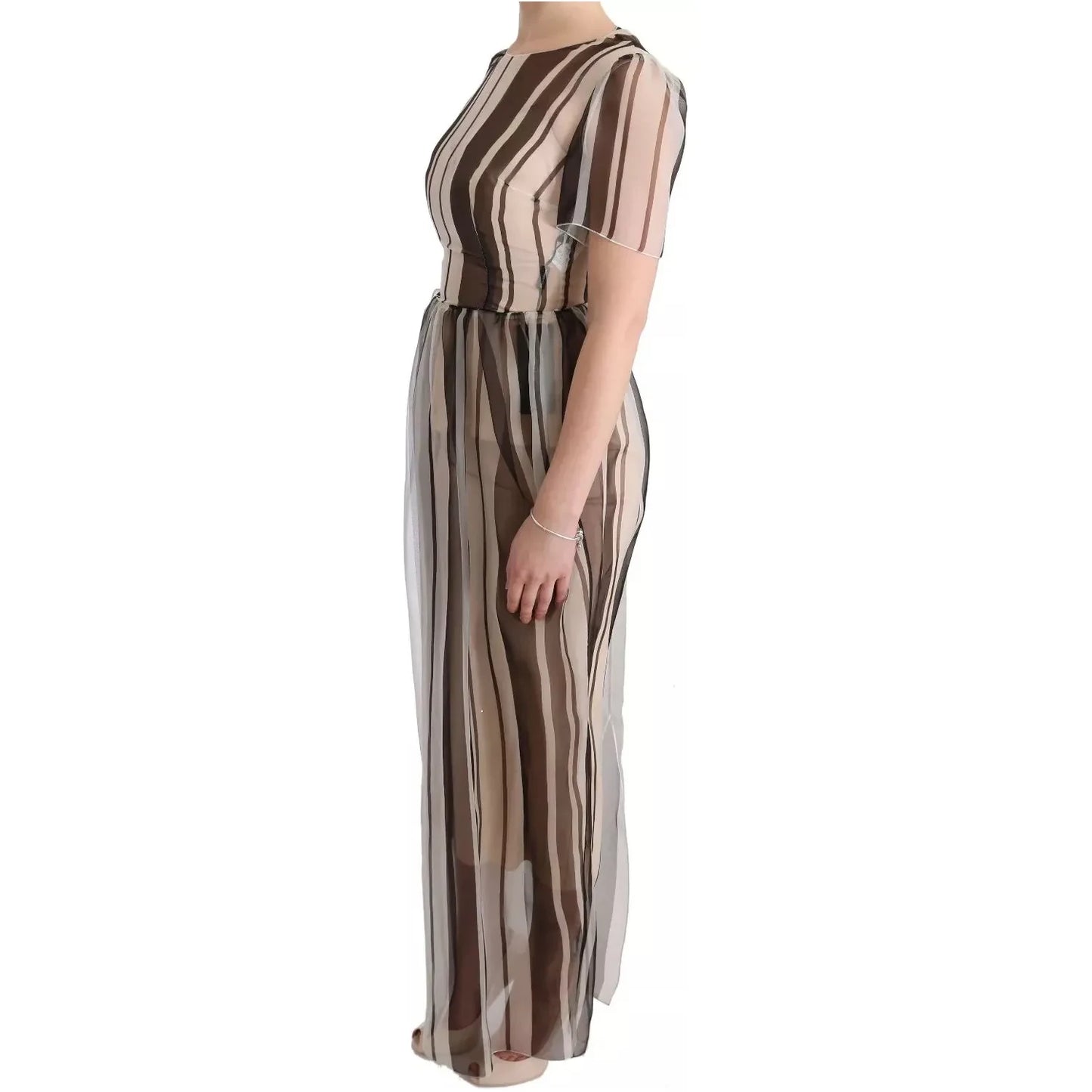 Dolce & Gabbana Beige Brown Striped Silk Sheath Dress Dolce & Gabbana Dim Gray