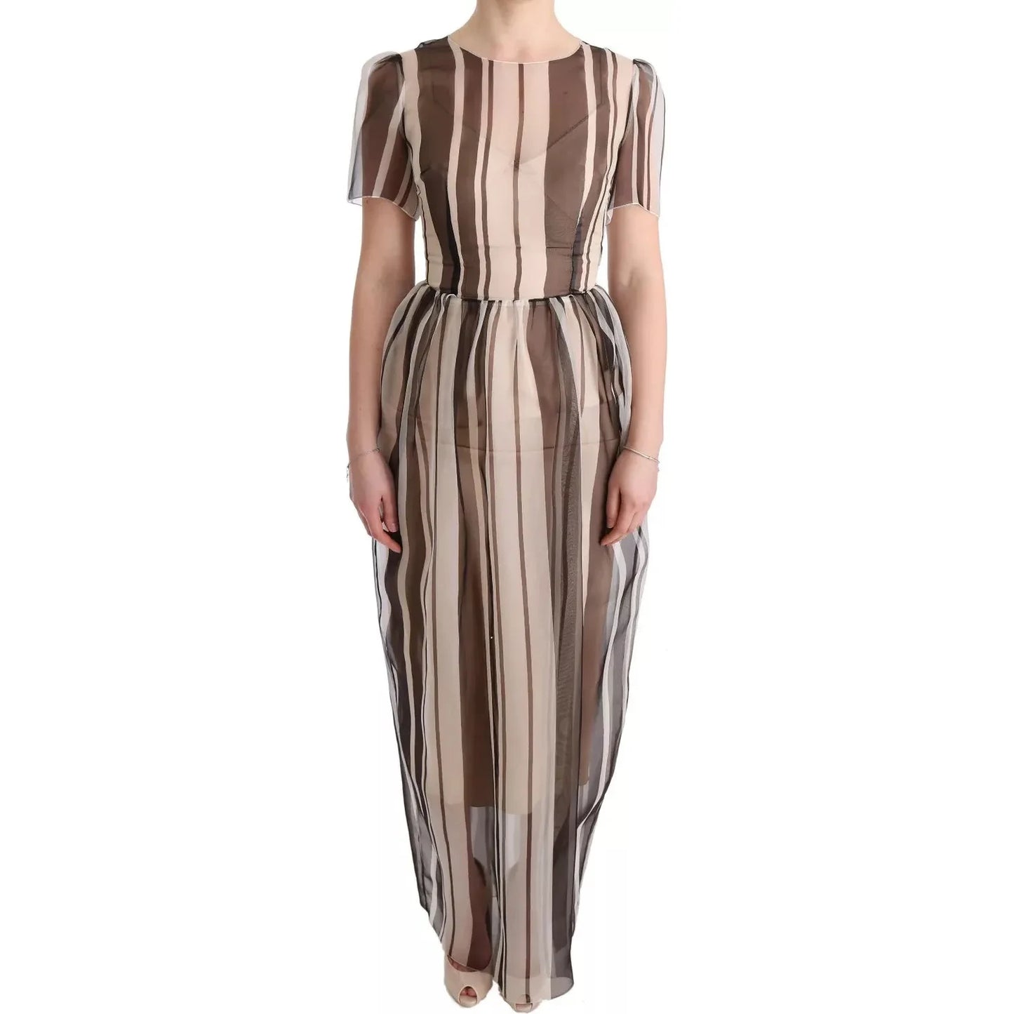 Dolce & Gabbana Beige Brown Striped Silk Sheath Dress Dolce & Gabbana Rosy Brown