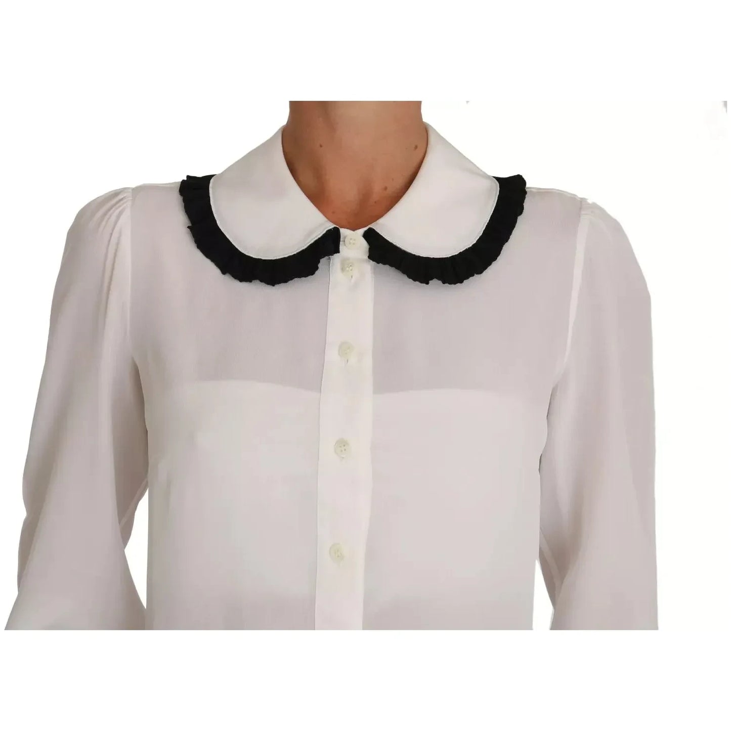 Dolce & Gabbana White Silk Shirt Ruffle Rouded Collar Blouse Dolce & Gabbana Gray