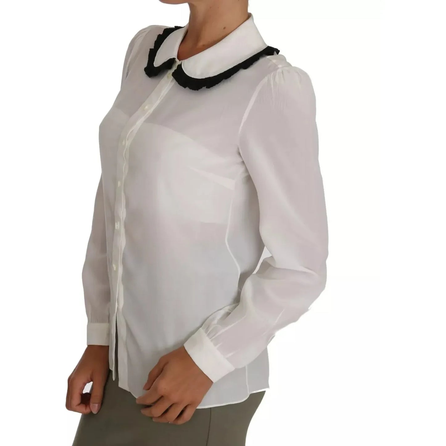 Dolce & Gabbana White Silk Shirt Ruffle Rouded Collar Blouse Dolce & Gabbana Gray