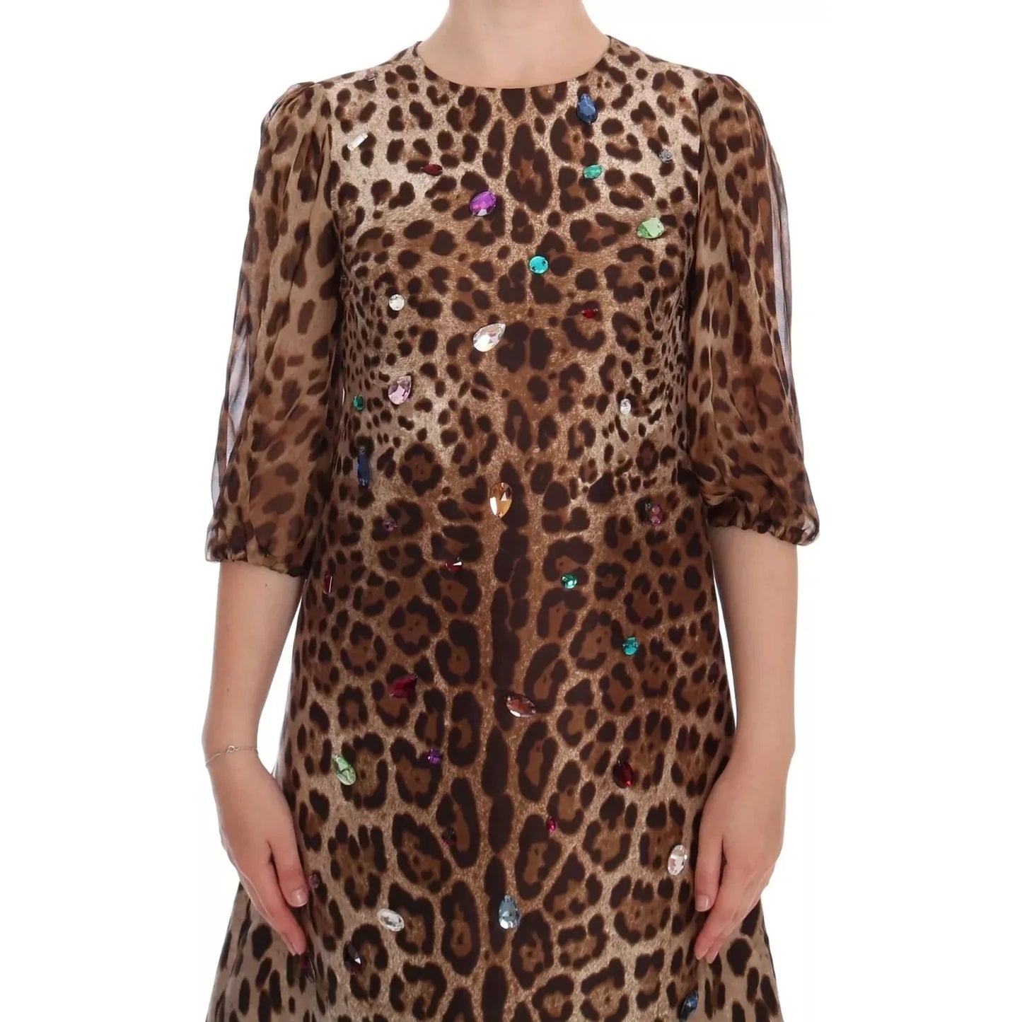 Dolce & Gabbana Leopard Silk Wool Crystal Shift Dress Dolce & Gabbana Dark Olive Green