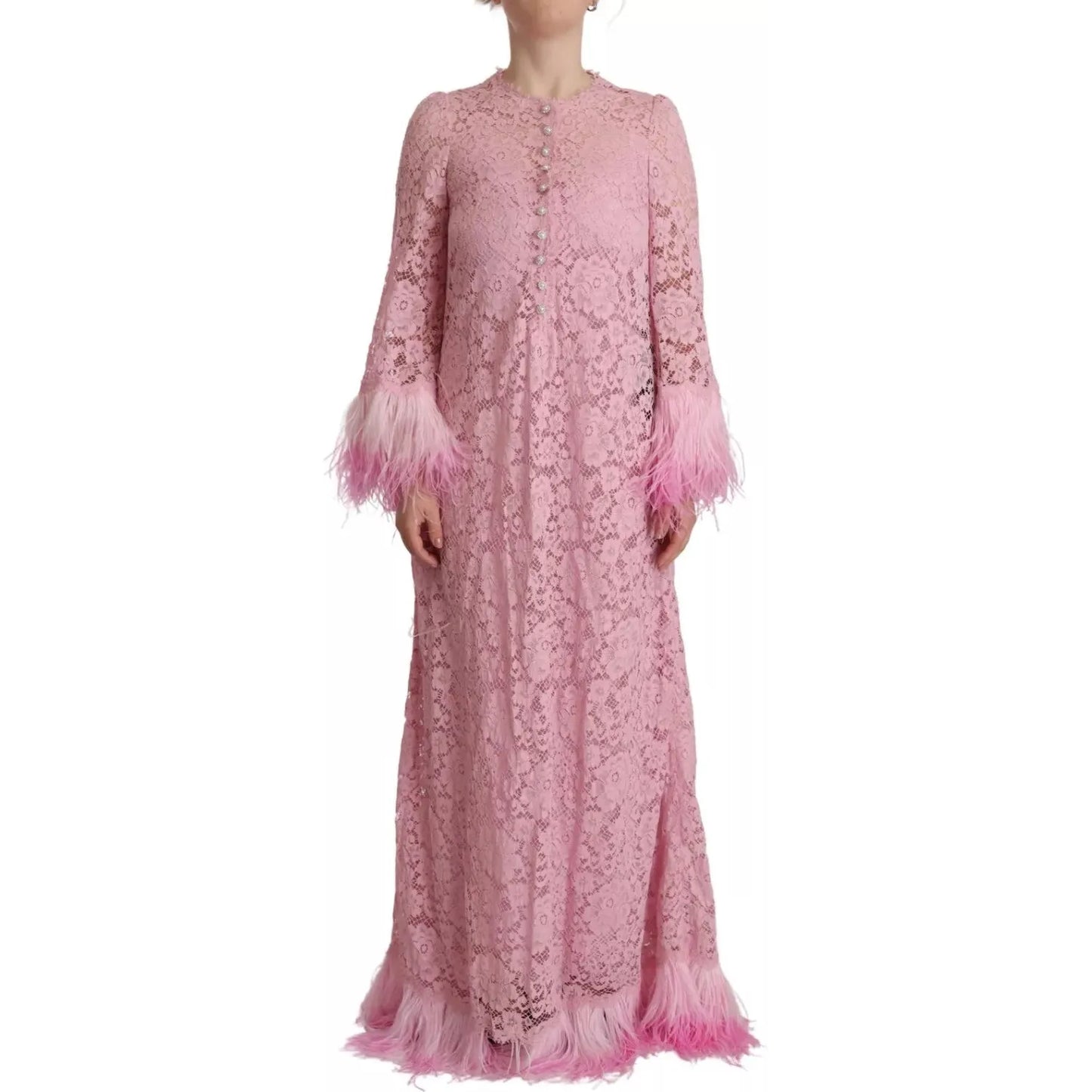 Dolce & Gabbana Shift Lilac Lace Feathers Long Sleeves Dress Dolce & Gabbana Rosy Brown