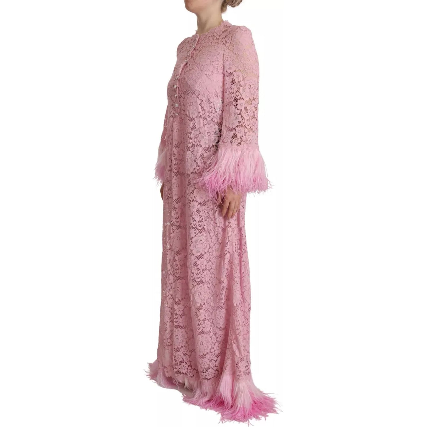 Dolce & Gabbana Shift Lilac Lace Feathers Long Sleeves Dress Dolce & Gabbana Rosy Brown