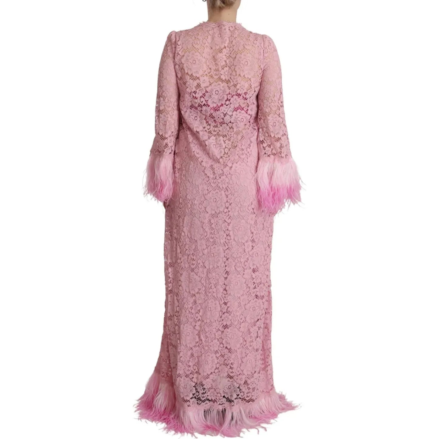 Dolce & Gabbana Shift Lilac Lace Feathers Long Sleeves Dress Dolce & Gabbana Rosy Brown