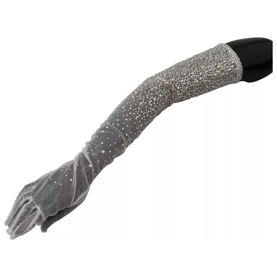 Dolce & Gabbana White Crystal Elbow Length Cotton Tulle Gloves Dolce & Gabbana Dim Gray