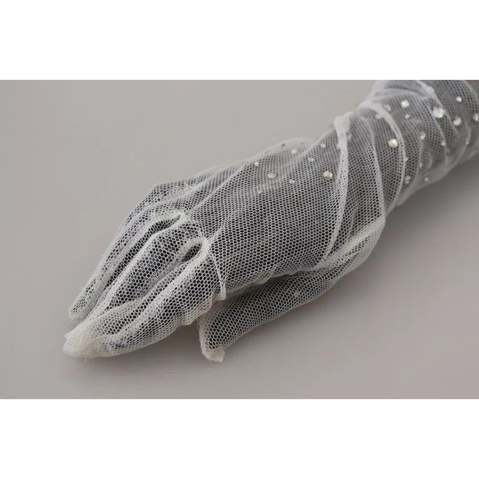 Dolce & Gabbana White Crystal Elbow Length Cotton Tulle Gloves Dolce & Gabbana Dark Gray