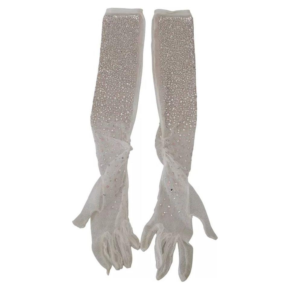 Dolce & Gabbana White Crystal Elbow Length Cotton Tulle Gloves Dolce & Gabbana Dark Gray