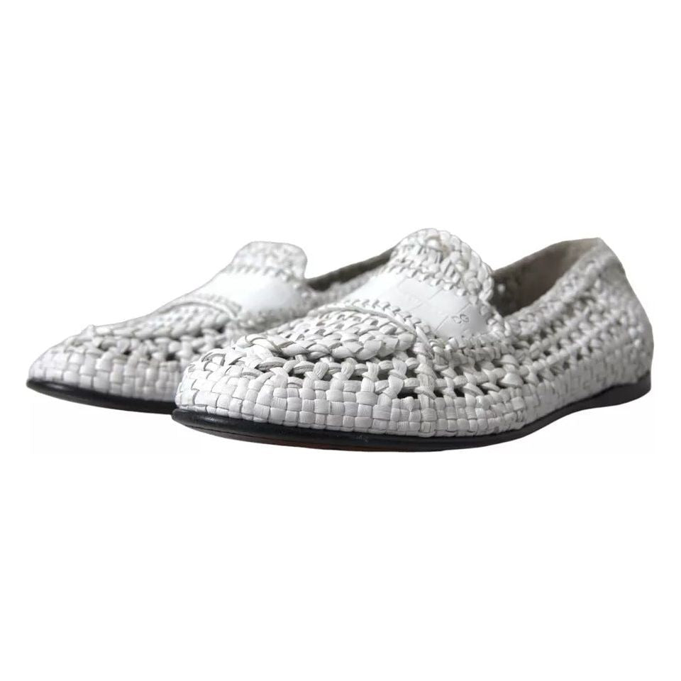 Dolce & Gabbana White Woven Leather Men Slip On Loafers Shoes Dolce & Gabbana Gray