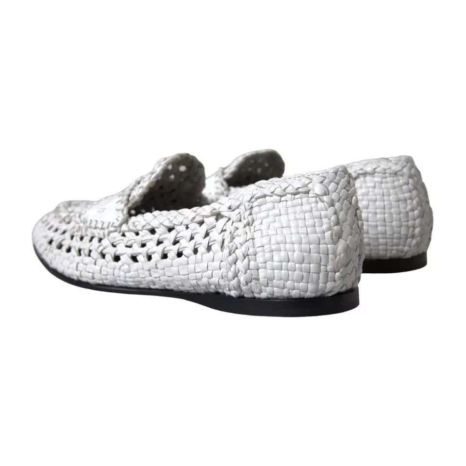 Dolce & Gabbana White Woven Leather Men Slip On Loafers Shoes Dolce & Gabbana Light Gray