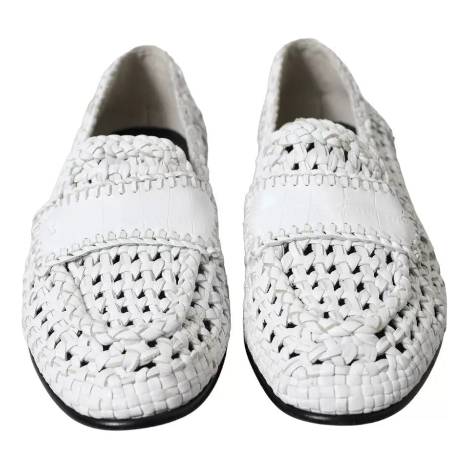 Dolce & Gabbana White Woven Leather Men Slip On Loafers Shoes Dolce & Gabbana Light Gray