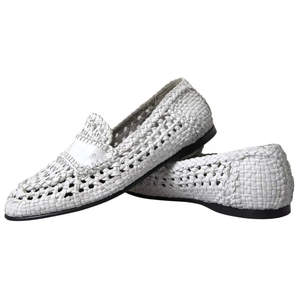 Dolce & Gabbana White Woven Leather Men Slip On Loafers Shoes Dolce & Gabbana Gray