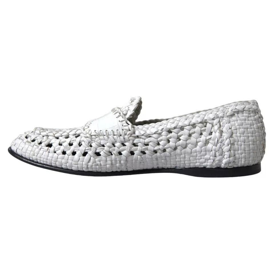 Dolce & Gabbana White Woven Leather Men Slip On Loafers Shoes Dolce & Gabbana Gray