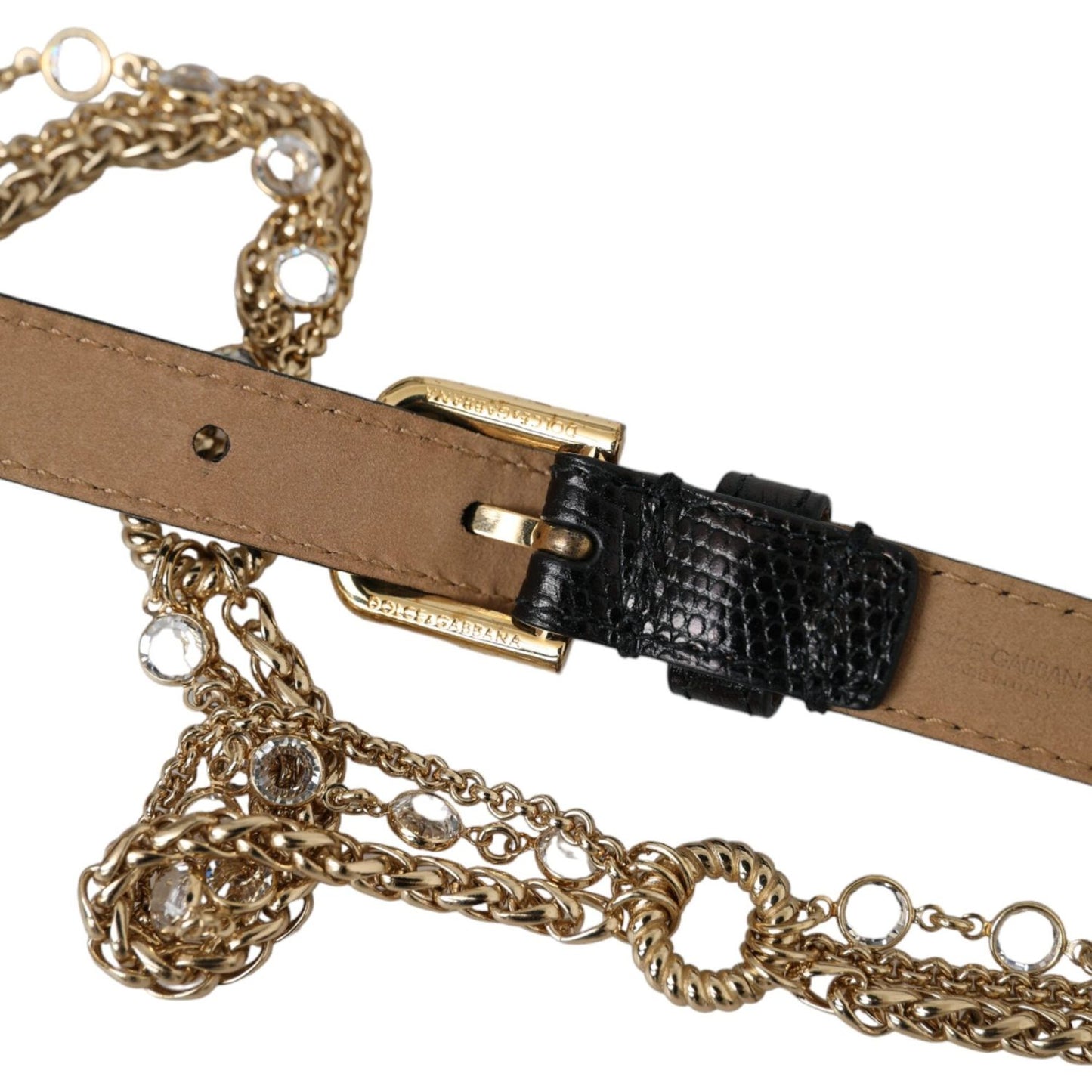 Dolce & Gabbana Black Leather Gold Chain Crystal Waist Women Belt Dolce & Gabbana Dim Gray
