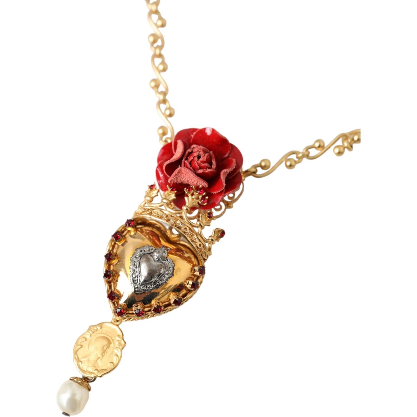 Dolce & Gabbana Gold BrassChain Sacred Heart Rose Crystal Charm Necklace Necklace Dolce & Gabbana Tan