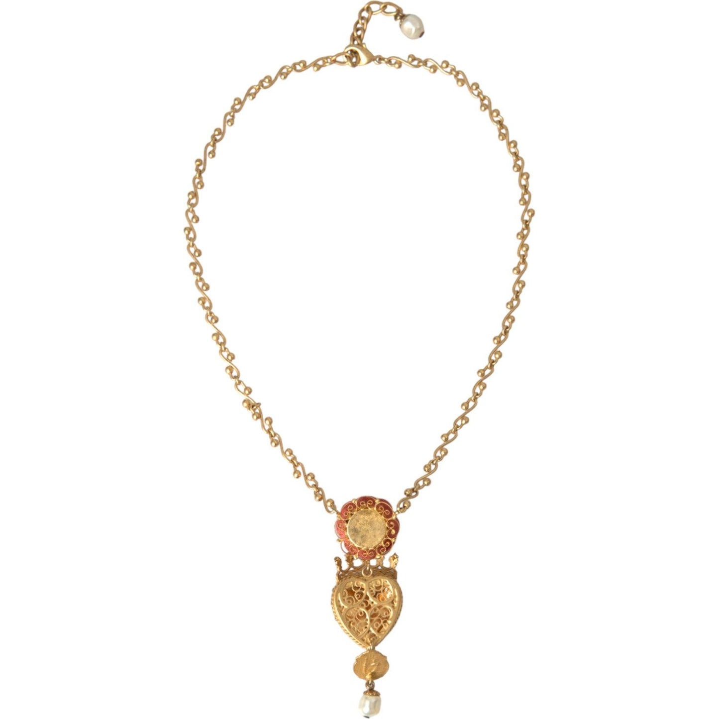 Dolce & Gabbana Gold BrassChain Sacred Heart Rose Crystal Charm Necklace Necklace Dolce & Gabbana Dark Khaki