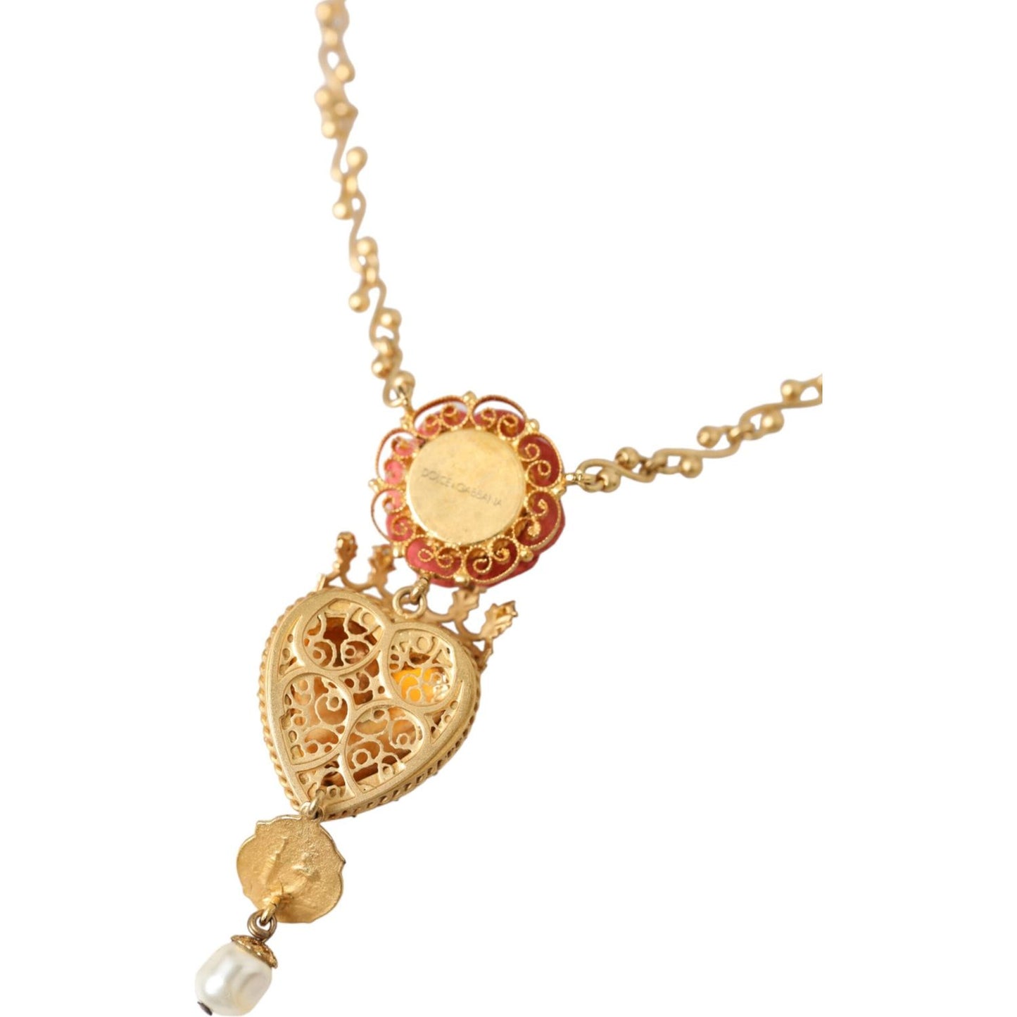 Dolce & Gabbana Gold BrassChain Sacred Heart Rose Crystal Charm Necklace Necklace Dolce & Gabbana Tan