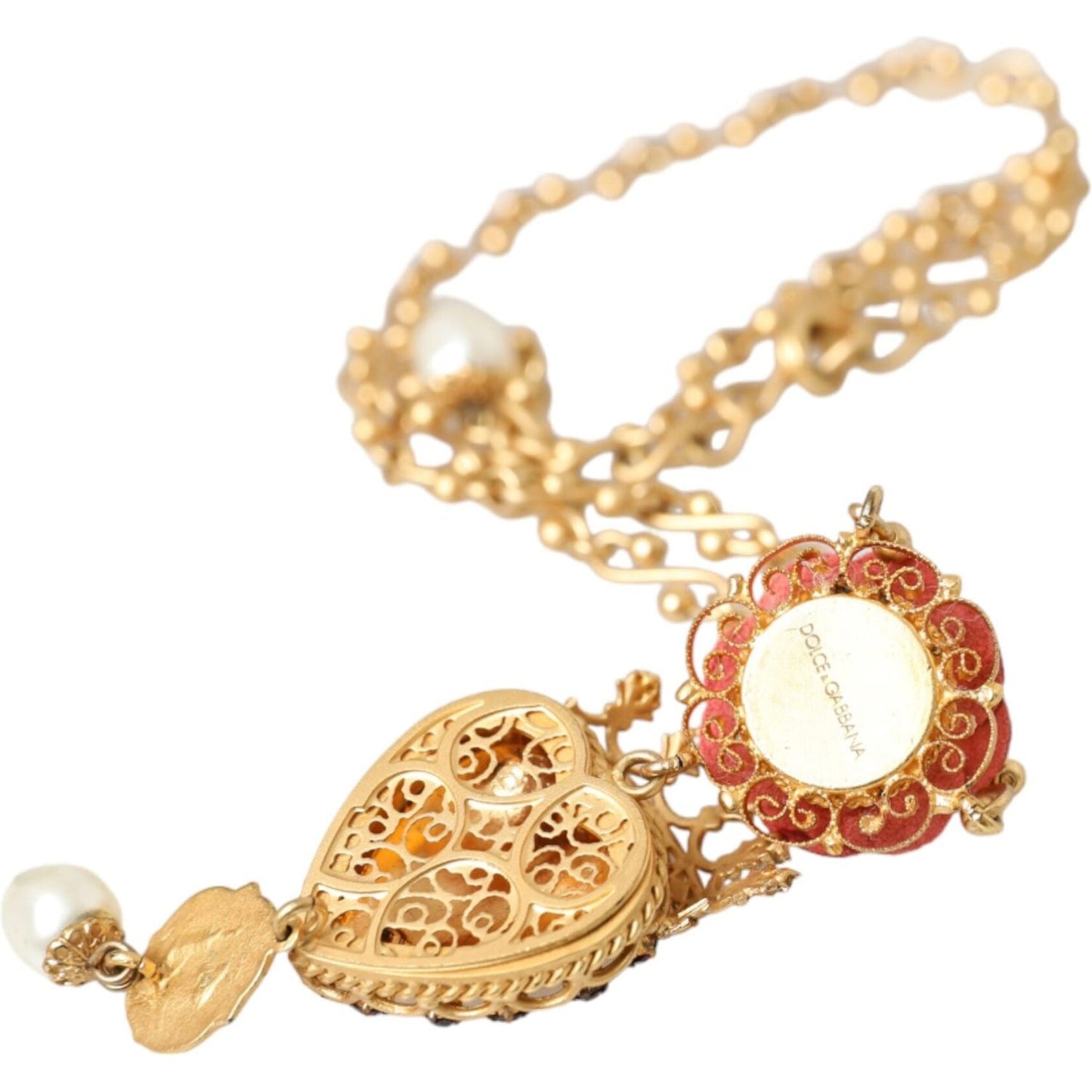 Dolce & Gabbana Gold BrassChain Sacred Heart Rose Crystal Charm Necklace Necklace Dolce & Gabbana Tan