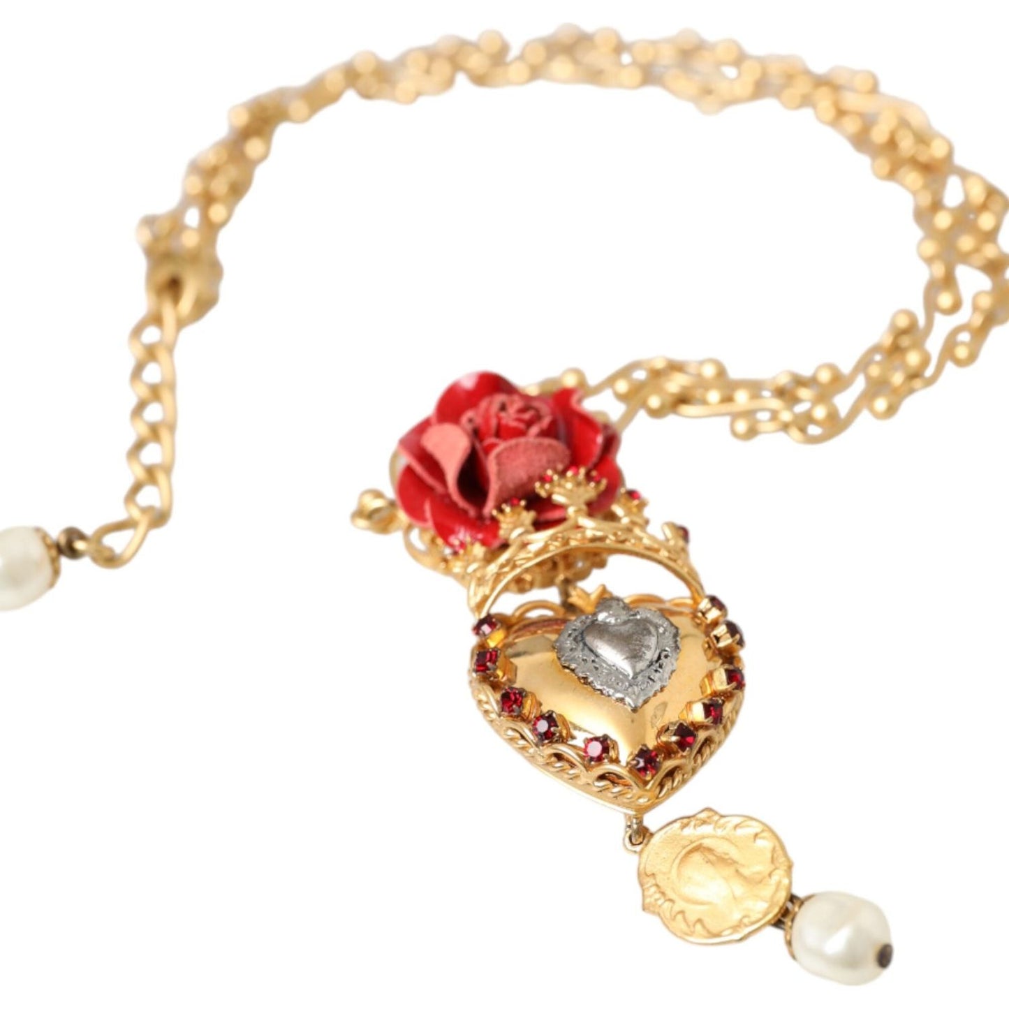 Dolce & Gabbana Gold BrassChain Sacred Heart Rose Crystal Charm Necklace Necklace Dolce & Gabbana Tan