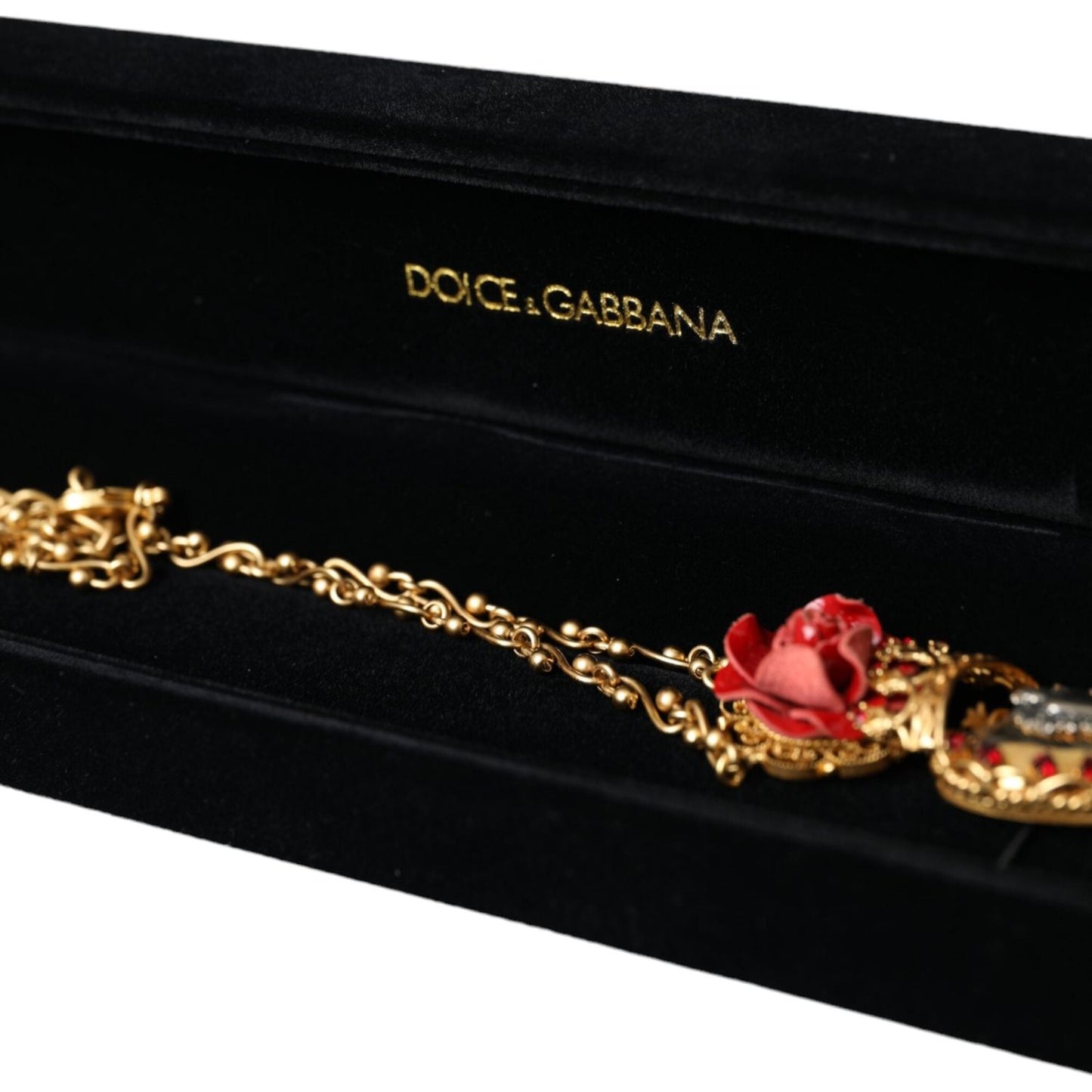 Dolce & Gabbana Gold BrassChain Sacred Heart Rose Crystal Charm Necklace Necklace Dolce & Gabbana Black