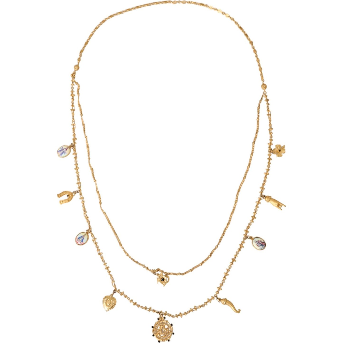 Dolce & Gabbana Gold Tone Chain Brass Charm Statement Sicily Necklace Necklace Dolce & Gabbana Bisque