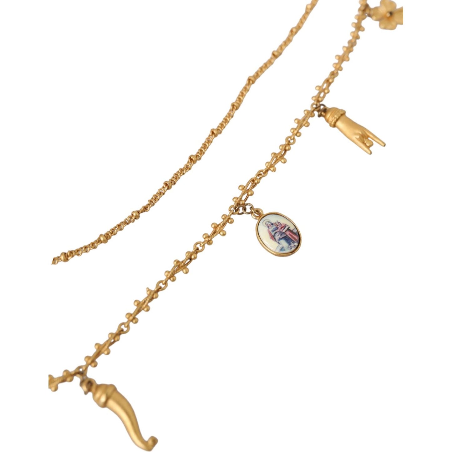 Dolce & Gabbana Gold Tone Chain Brass Charm Statement Sicily Necklace Necklace Dolce & Gabbana Dark Khaki