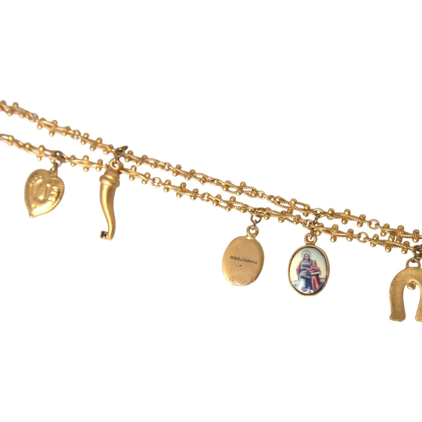 Dolce & Gabbana Gold Tone Chain Brass Charm Statement Sicily Necklace Necklace Dolce & Gabbana Dark Khaki
