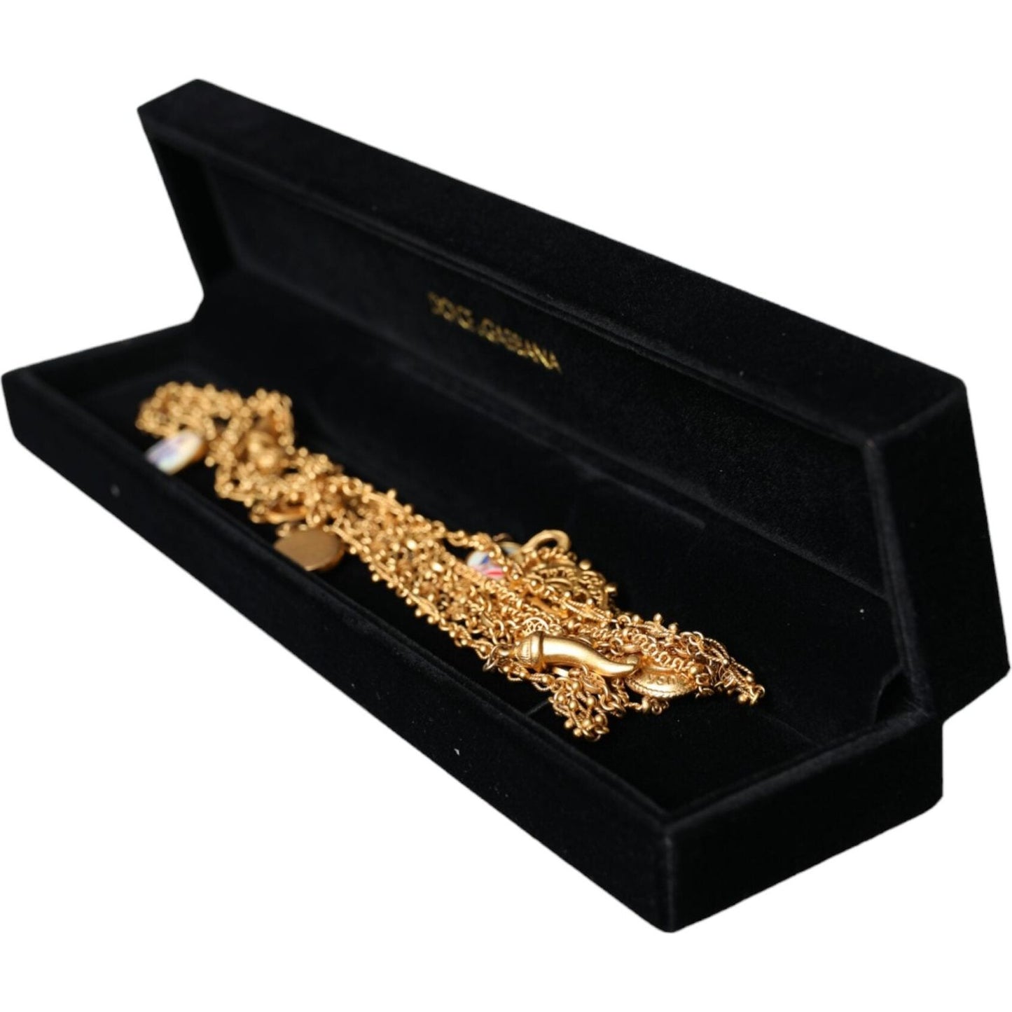Dolce & Gabbana Gold Tone Chain Brass Charm Statement Sicily Necklace Necklace Dolce & Gabbana Black