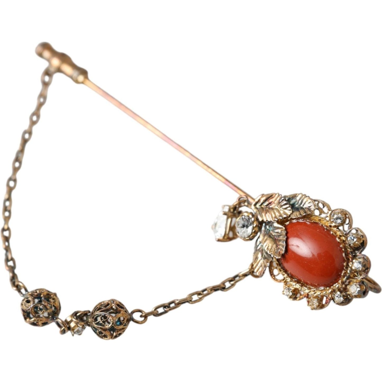 Dolce & Gabbana Gold Brass Crystal Chain 925 Sterling Silver Pin Brooch Brooch Dolce & Gabbana Tan