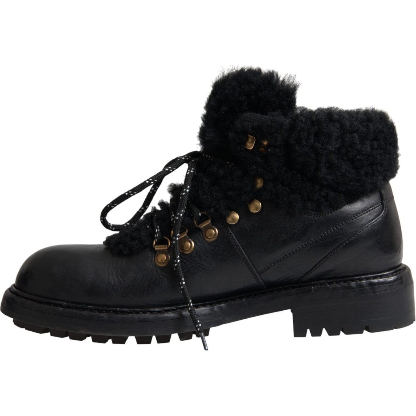 Dolce & Gabbana Black Leather Bernini Shearling Boots Shoes Dolce & Gabbana Black