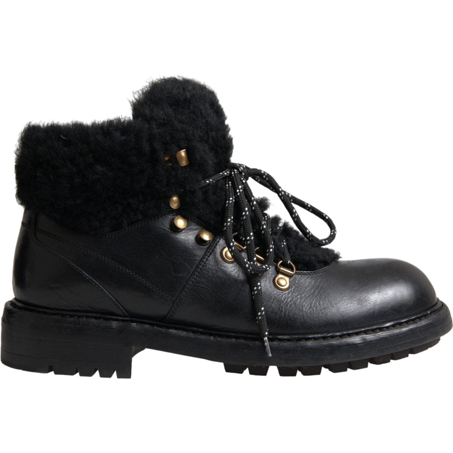 Dolce & Gabbana Black Leather Bernini Shearling Boots Shoes Dolce & Gabbana Black