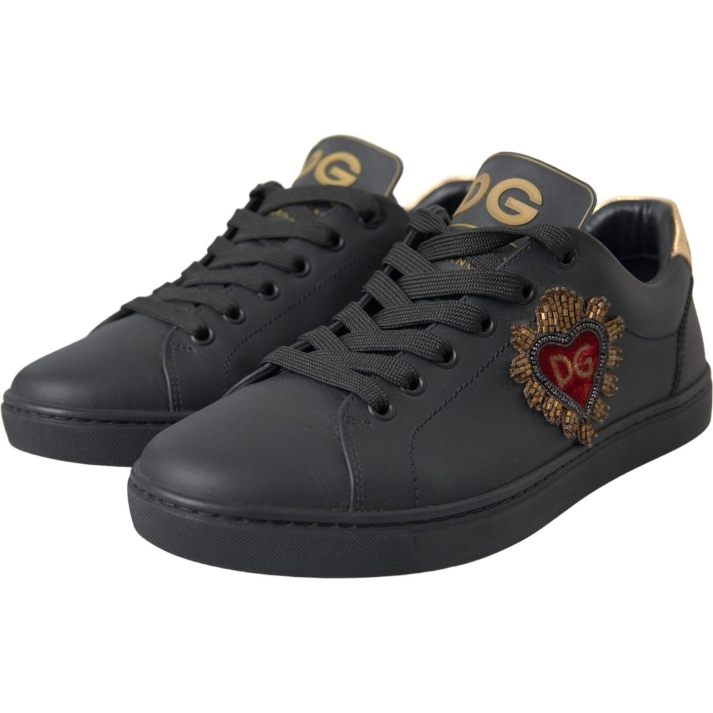 Dolce & Gabbana Black Leather Heart Embellished Sneakers Shoes Dolce & Gabbana Dark Slate Gray