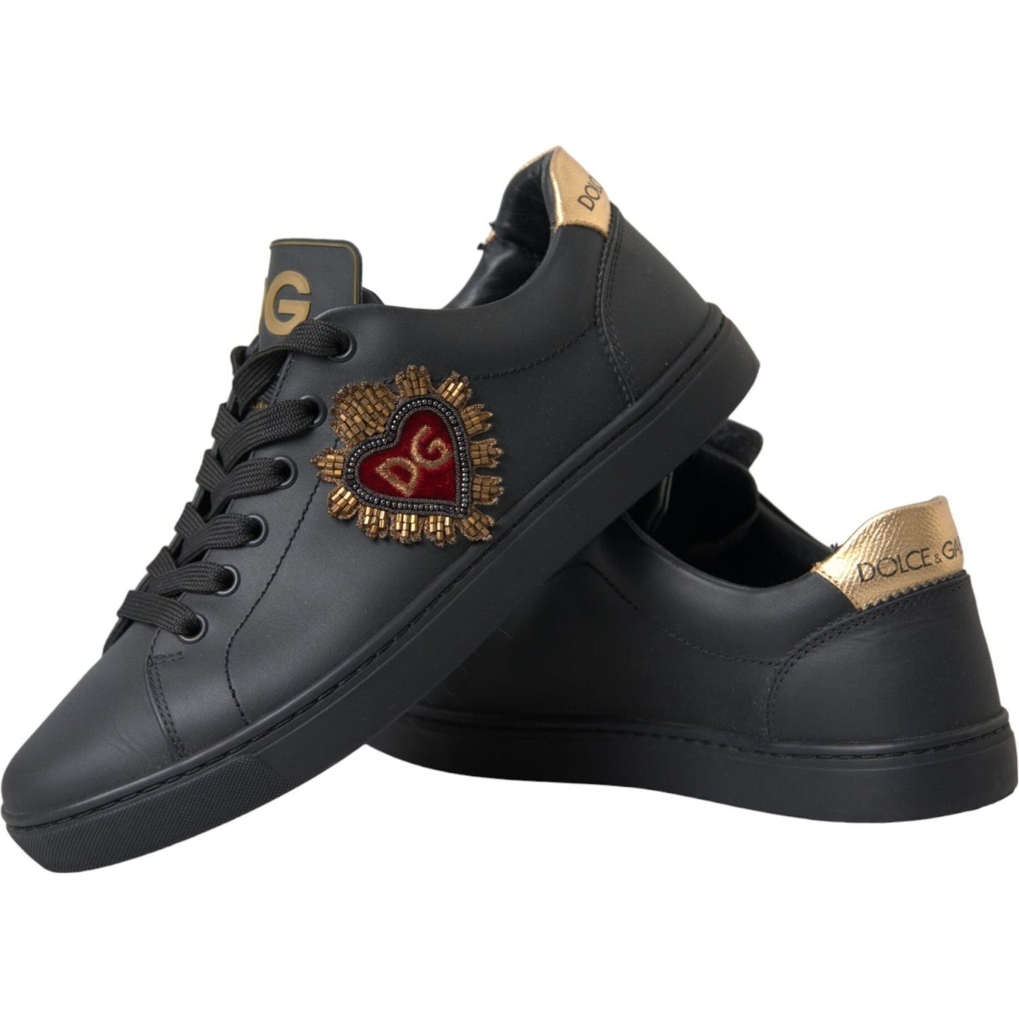 Dolce & Gabbana Black Leather Heart Embellished Sneakers Shoes Dolce & Gabbana Dark Slate Gray