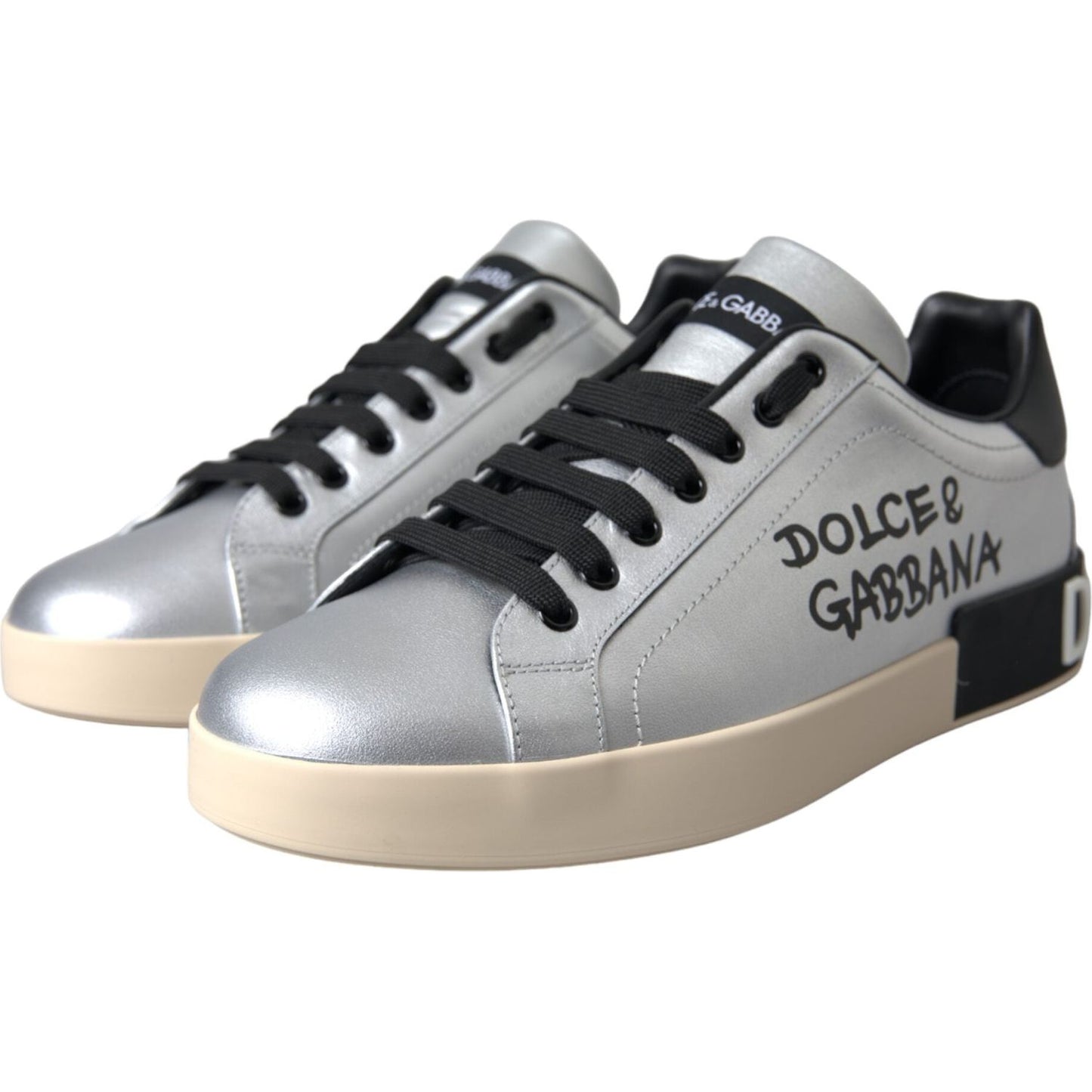 Dolce & Gabbana Silver Portofino Calf Leather Sneakers Men Shoes Dolce & Gabbana Dark Gray
