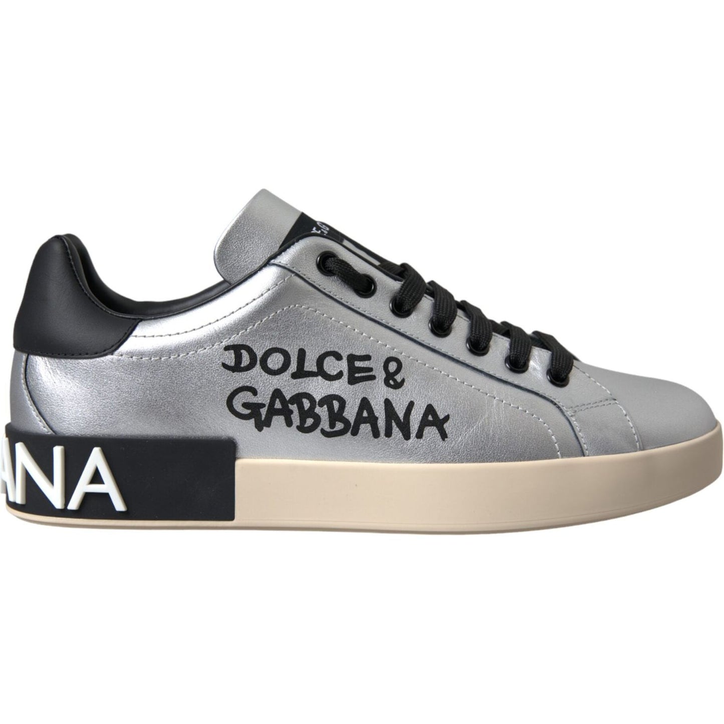 Dolce & Gabbana Silver Portofino Calf Leather Sneakers Men Shoes Dolce & Gabbana Dark Gray