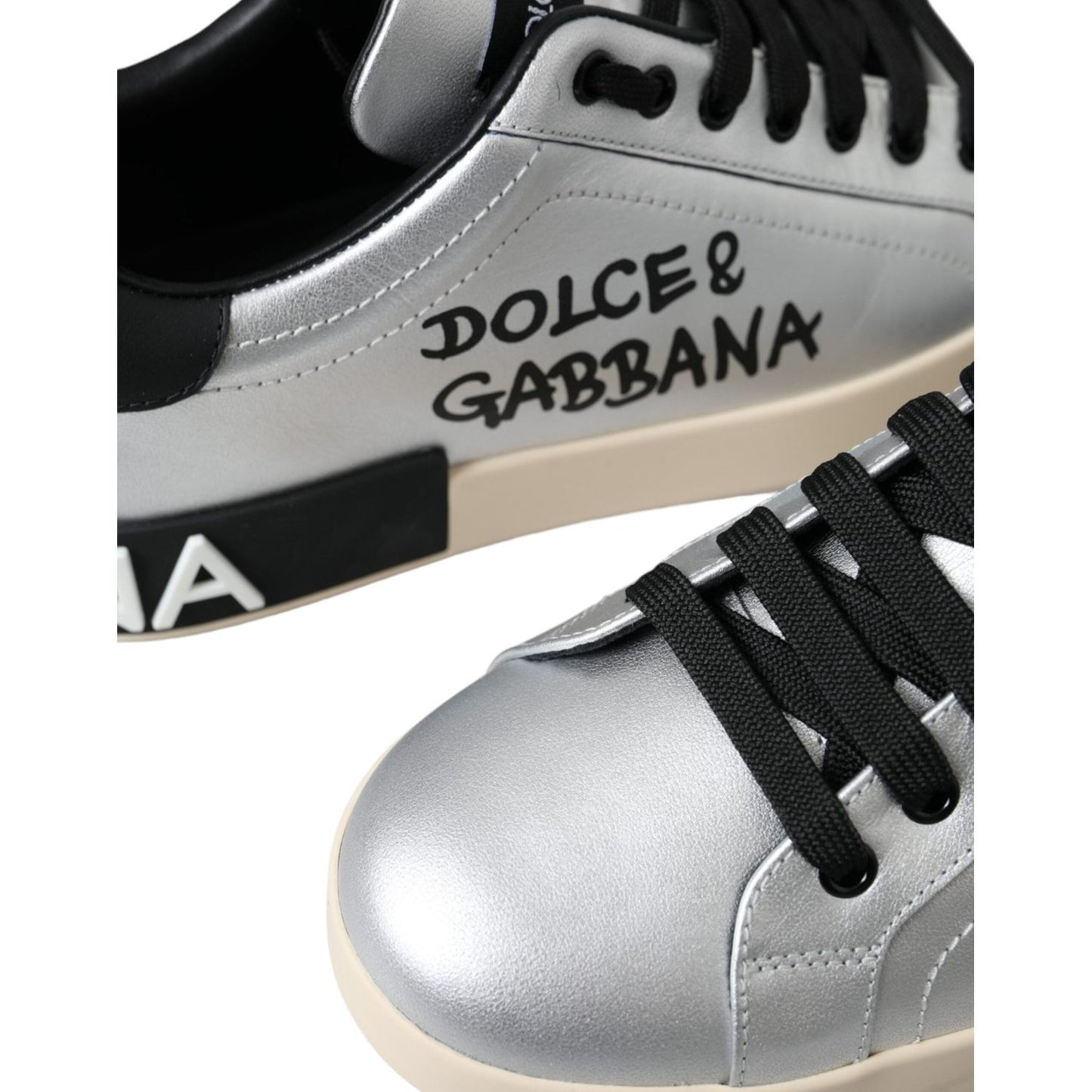 Dolce & Gabbana Silver Portofino Calf Leather Sneakers Men Shoes Dolce & Gabbana Dark Gray
