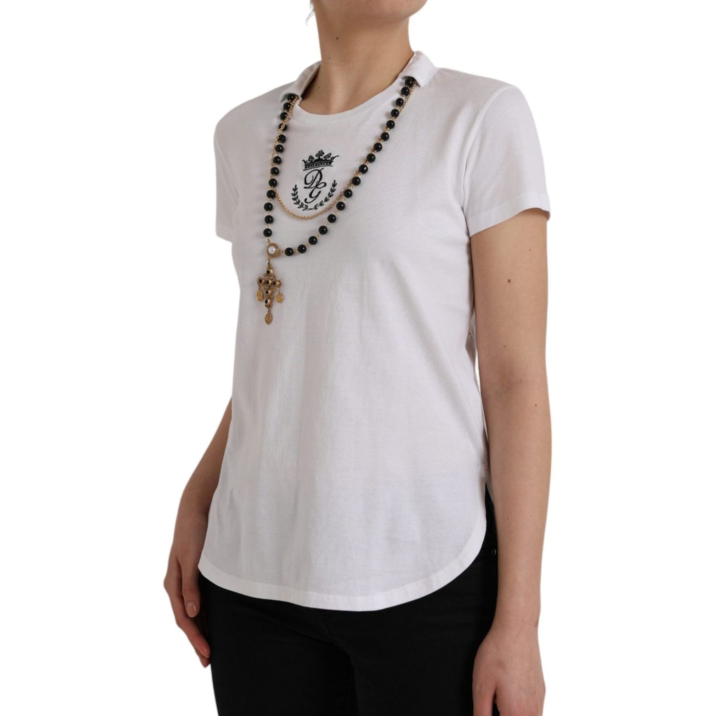 Dolce & Gabbana White Cotton Necklace Short Sleeves T-shirt Dolce & Gabbana Gray