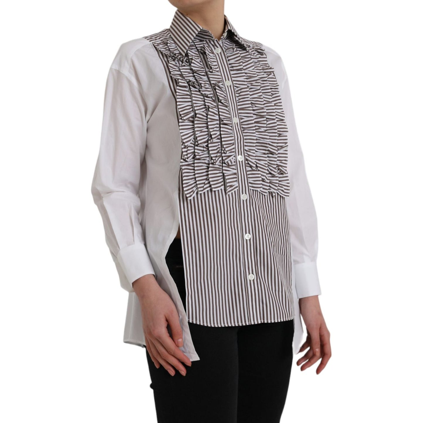 Dolce & Gabbana White Stripes Cotton Long Sleeves Ruffle Collar Top Dolce & Gabbana Gray