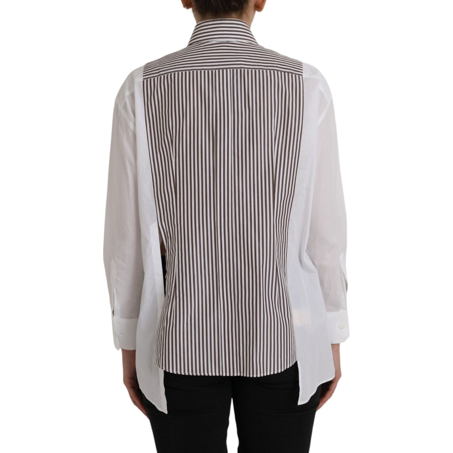 Dolce & Gabbana White Stripes Cotton Long Sleeves Ruffle Collar Top Dolce & Gabbana Gray