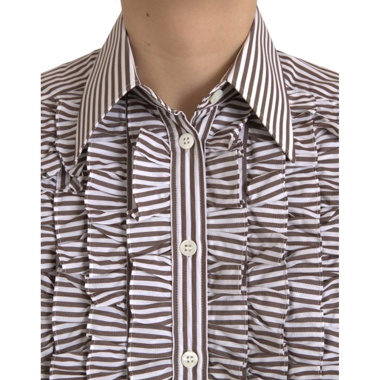 Dolce & Gabbana White Stripes Cotton Long Sleeves Ruffle Collar Top Dolce & Gabbana Dim Gray