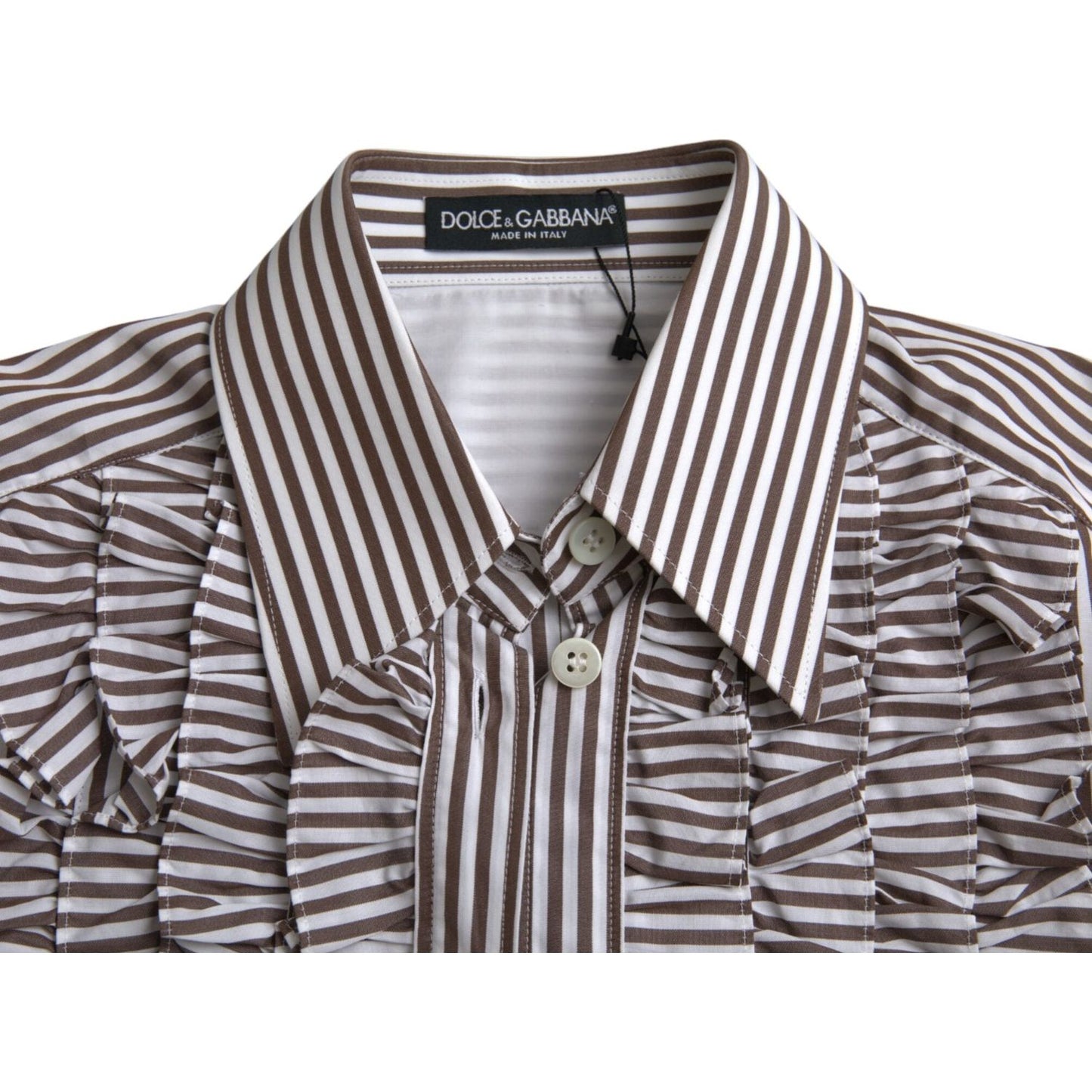 Dolce & Gabbana White Stripes Cotton Long Sleeves Ruffle Collar Top Dolce & Gabbana Dark Olive Green