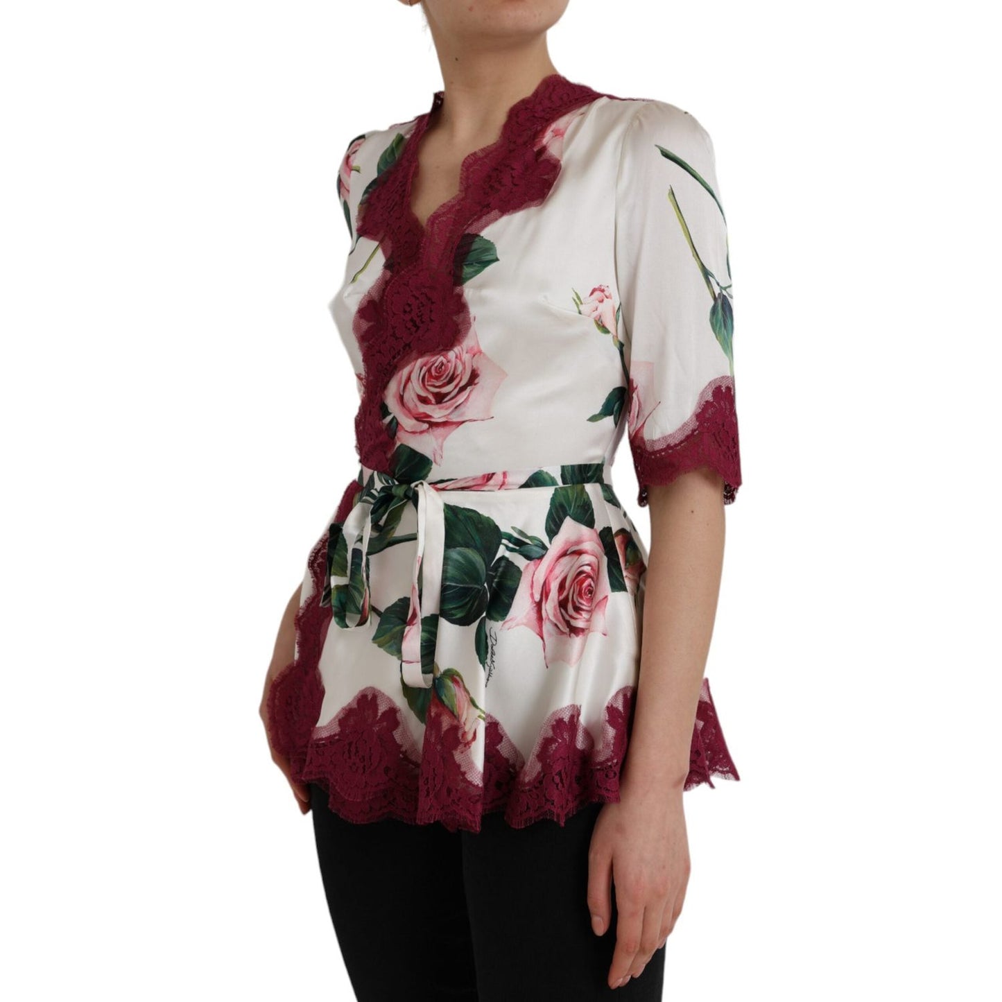 Dolce & Gabbana White Floral Lace Silk Short Sleeves Top Dolce & Gabbana Dark Gray