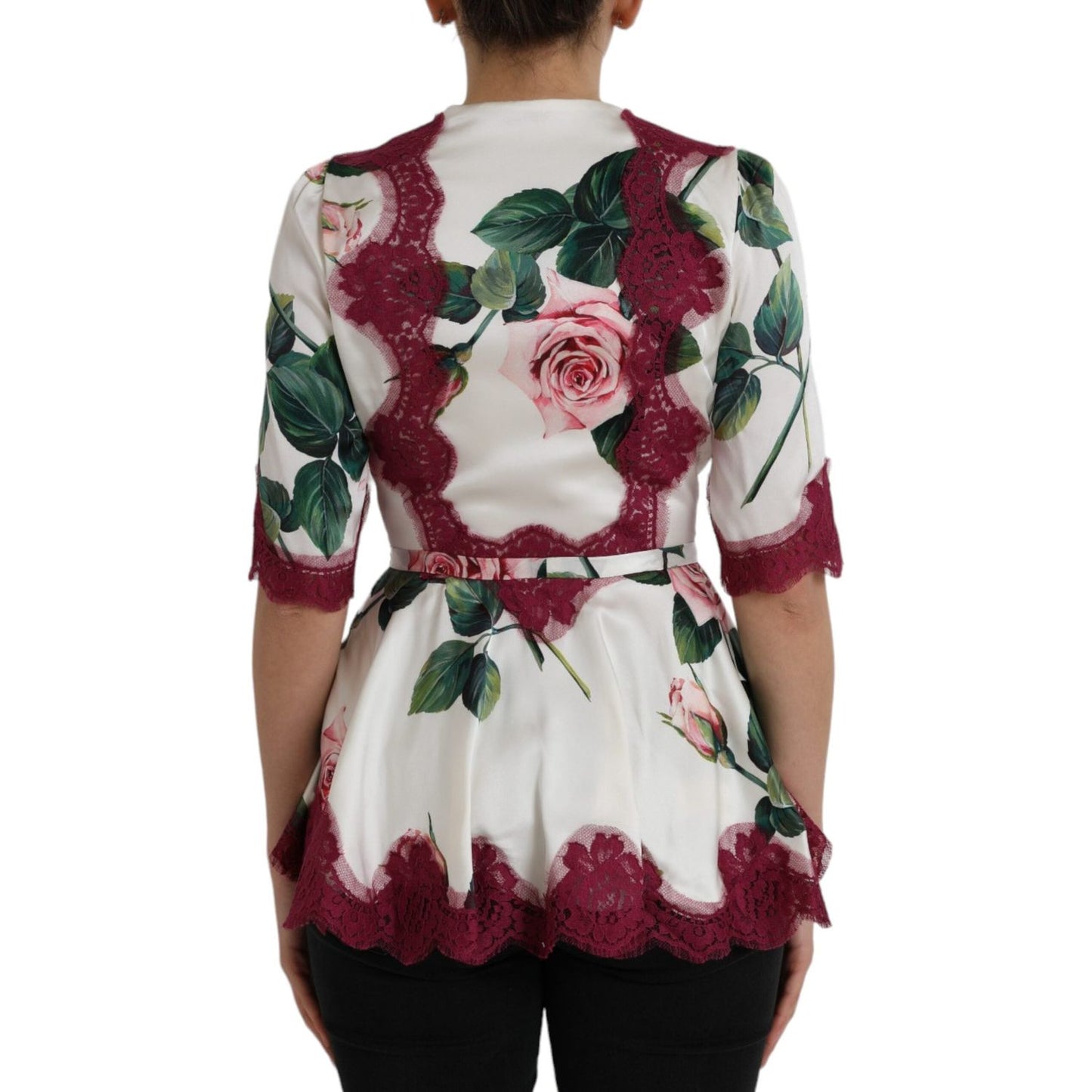 Dolce & Gabbana White Floral Lace Silk Short Sleeves Top Dolce & Gabbana Dark Slate Gray