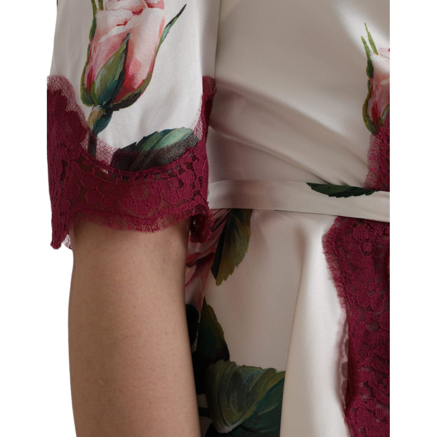Dolce & Gabbana White Floral Lace Silk Short Sleeves Top Dolce & Gabbana Dim Gray